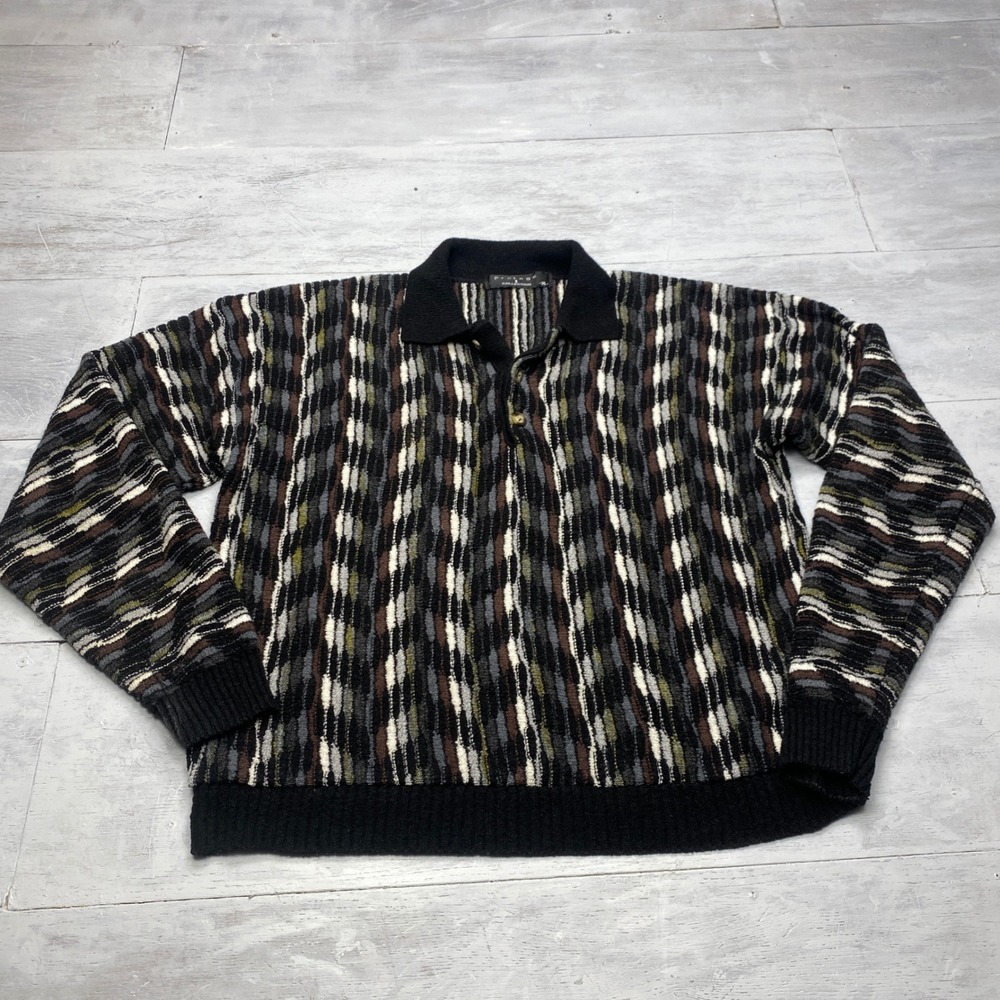 Protege Collection Polo Sweater Mens XL Black Grey Vertical Abstract 3D Knit 90s